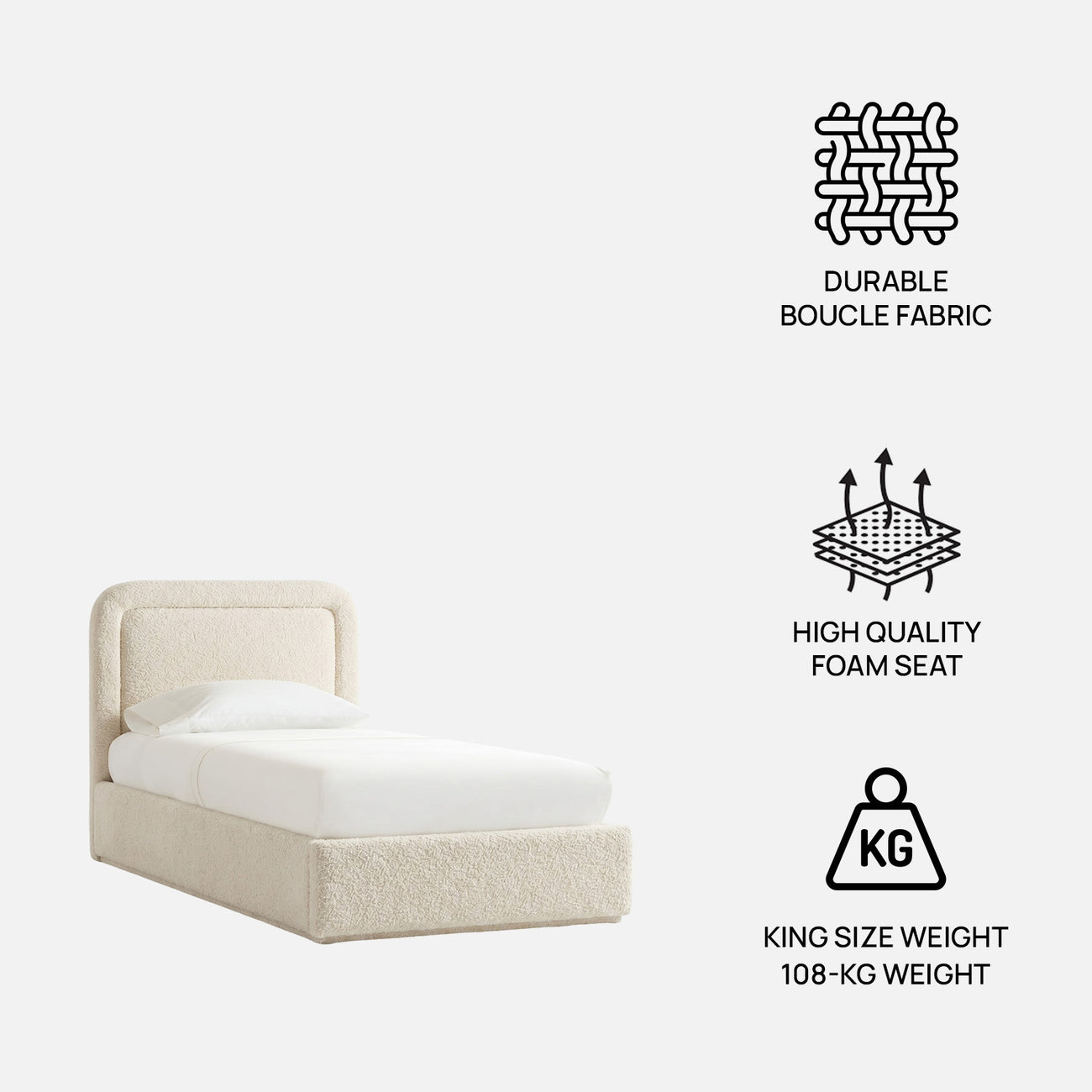 Marshmallow Boucle Kids Twin Bed with Hydraulic Storage in Cream