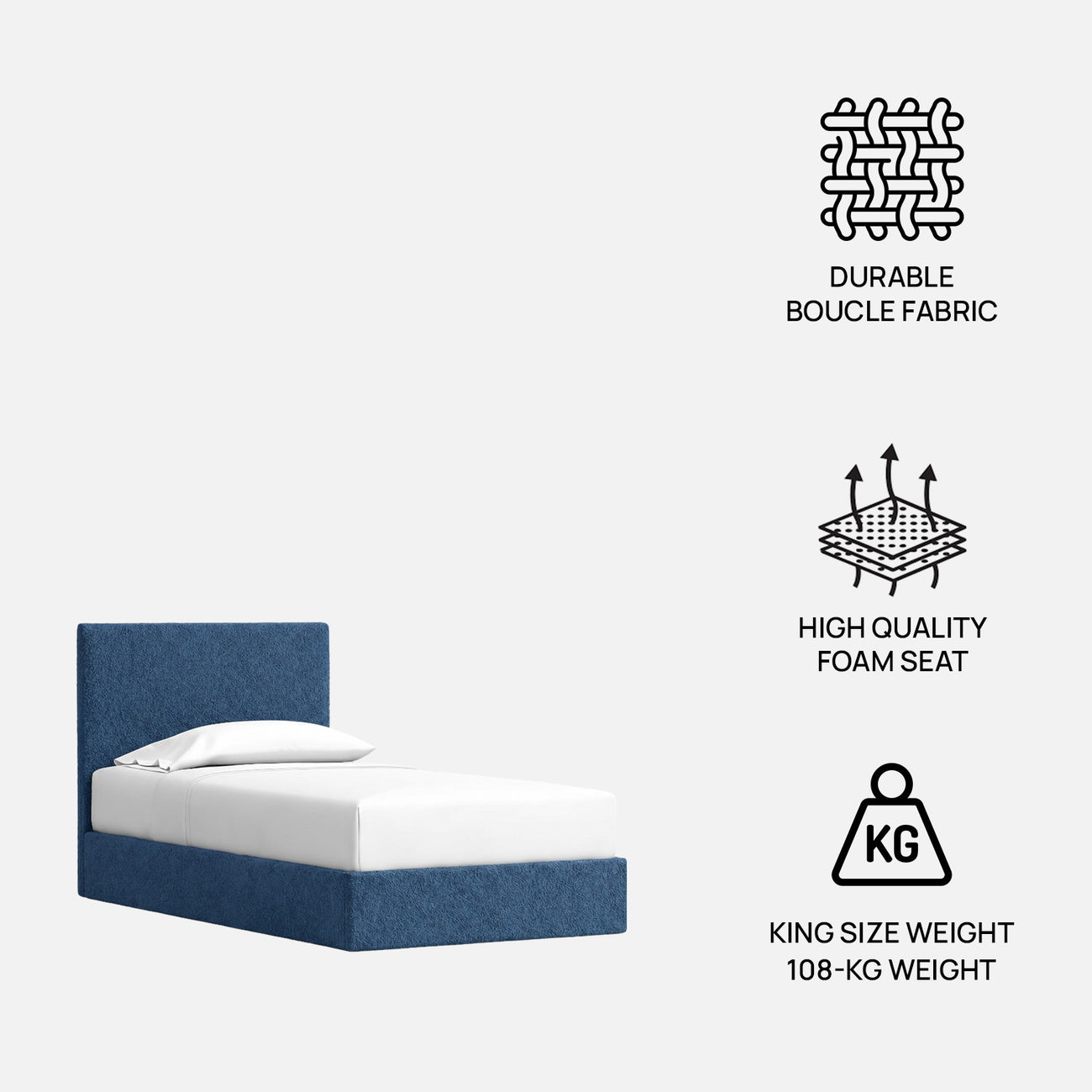 Block Design Boucle Kids Twin Bed with Hydraulic Storage in Denim Blue
