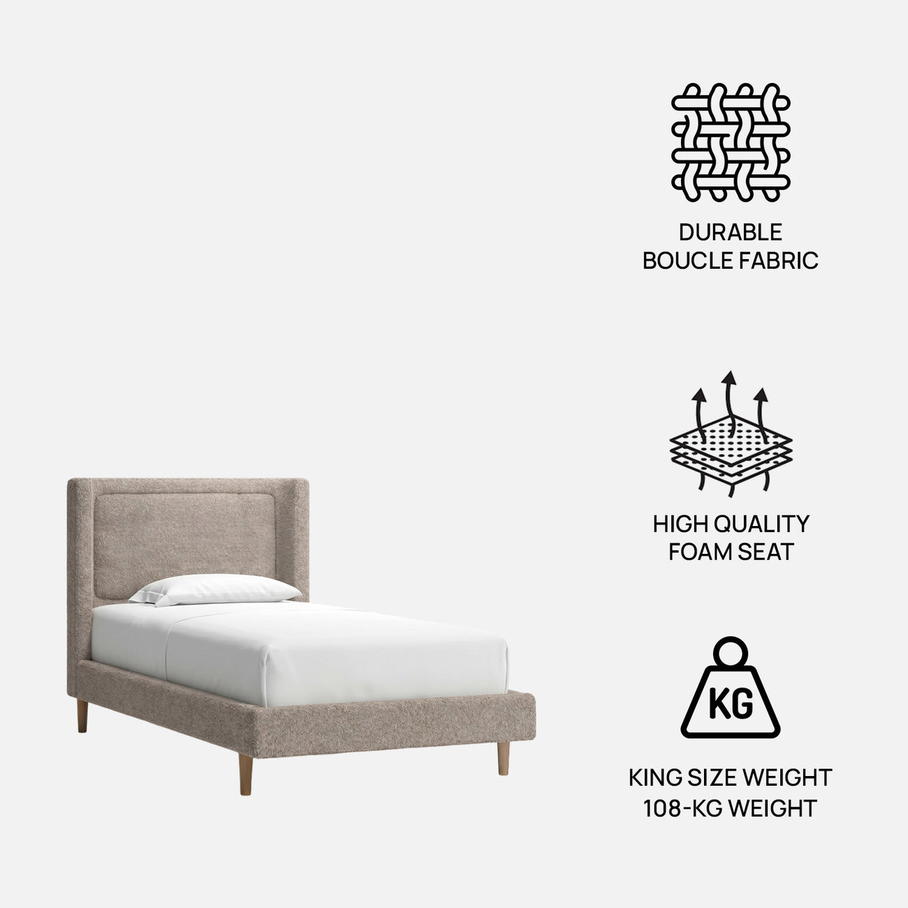 Misty Moon Boucle Kids Twin Bed with Hydraulic Storage in Light Grey
