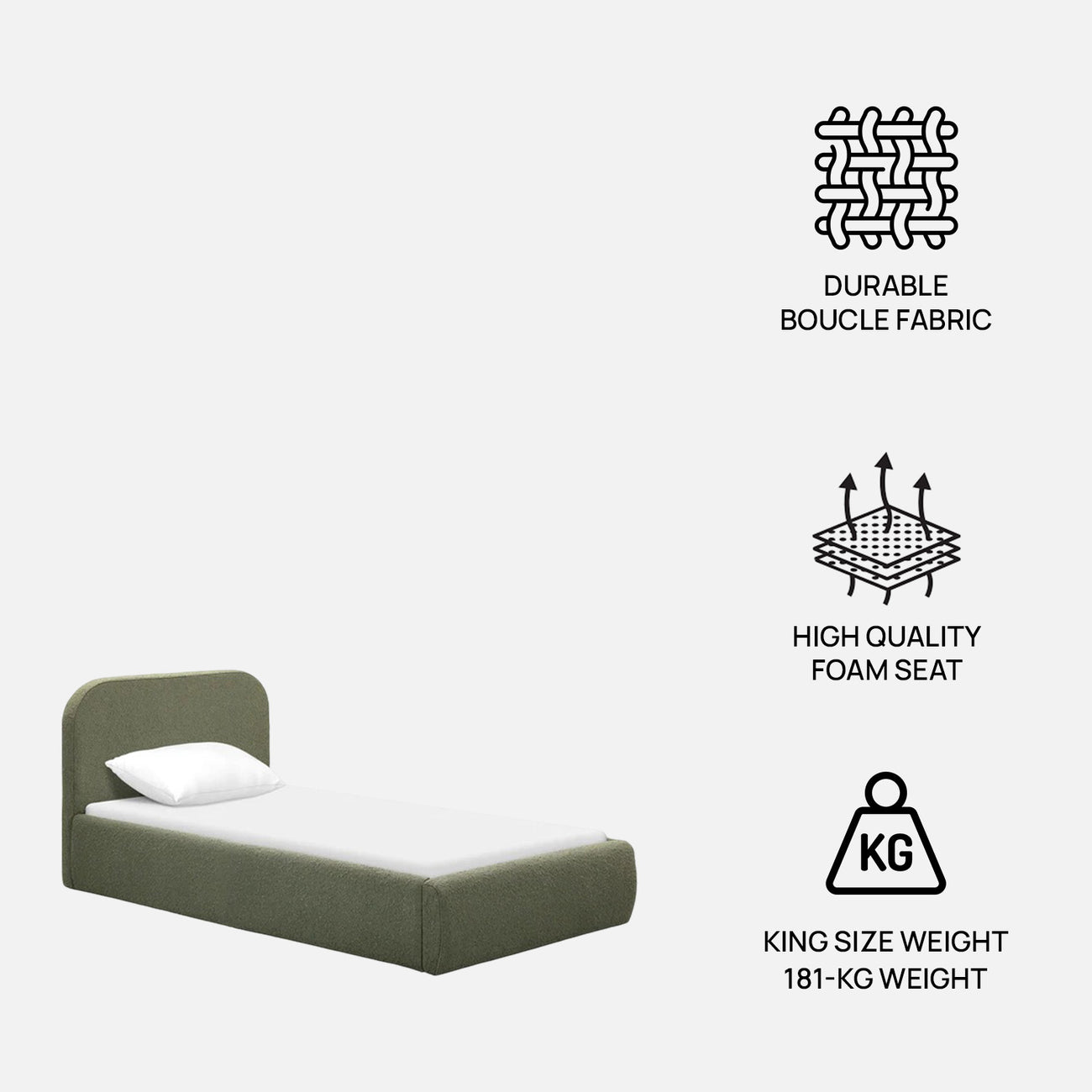 Snuggle Boucle Kids Twin Bed with Hydraulic Storage in olive