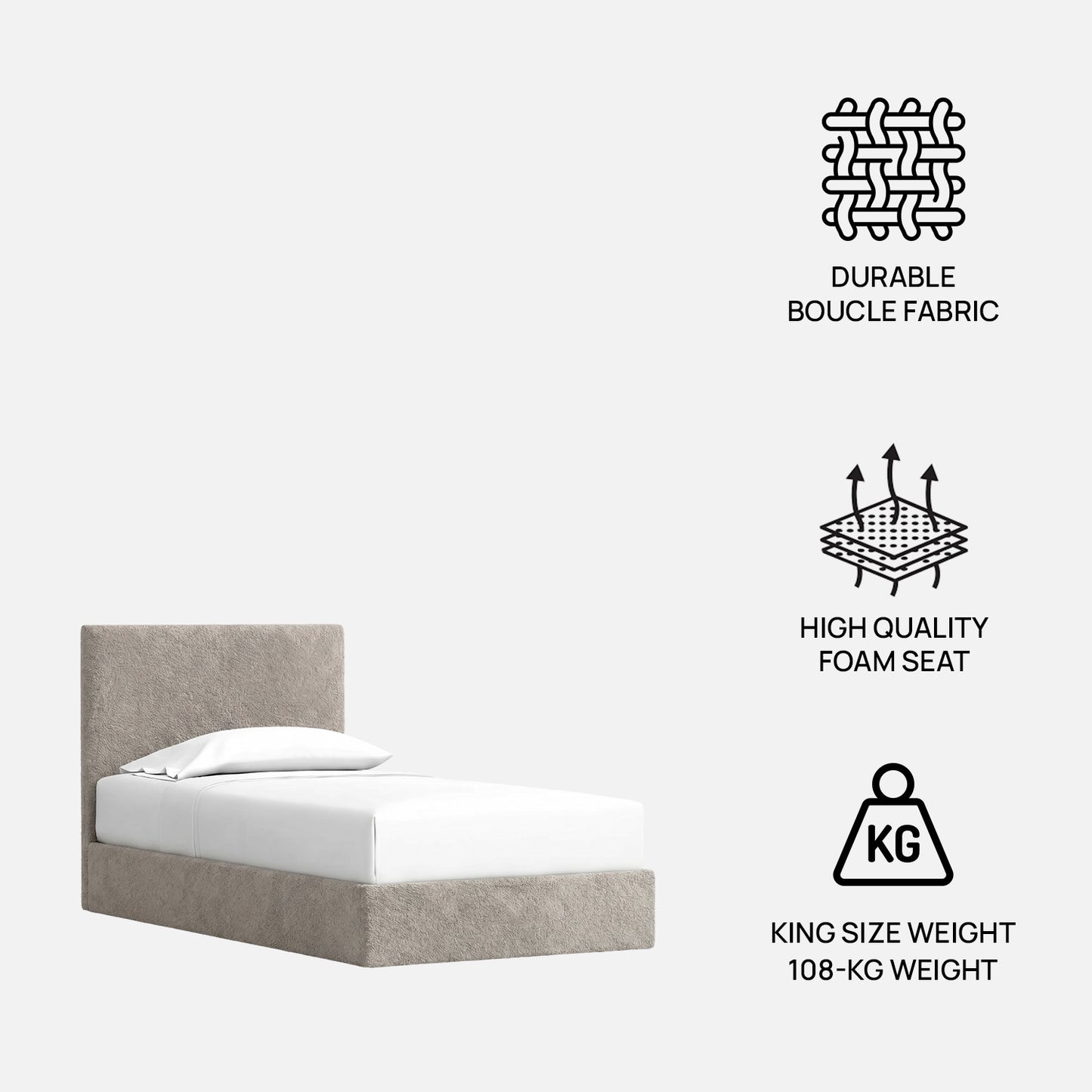 Block Design Boucle Kids Twin Bed with Hydraulic Storage in Cream