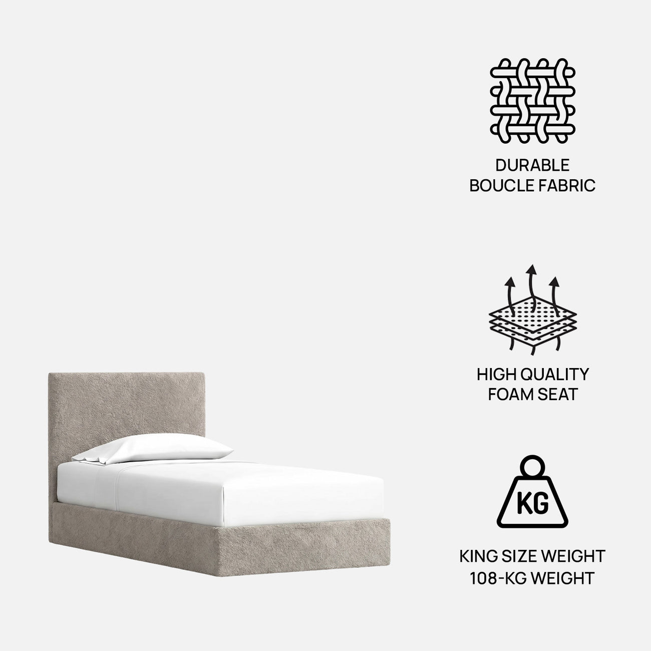 Block Design Boucle Kids Twin Bed with Hydraulic Storage in Cream
