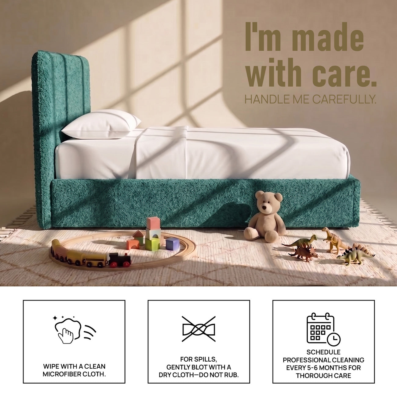 Block Design Boucle Kids Twin Bed with Hydraulic Storage in Green