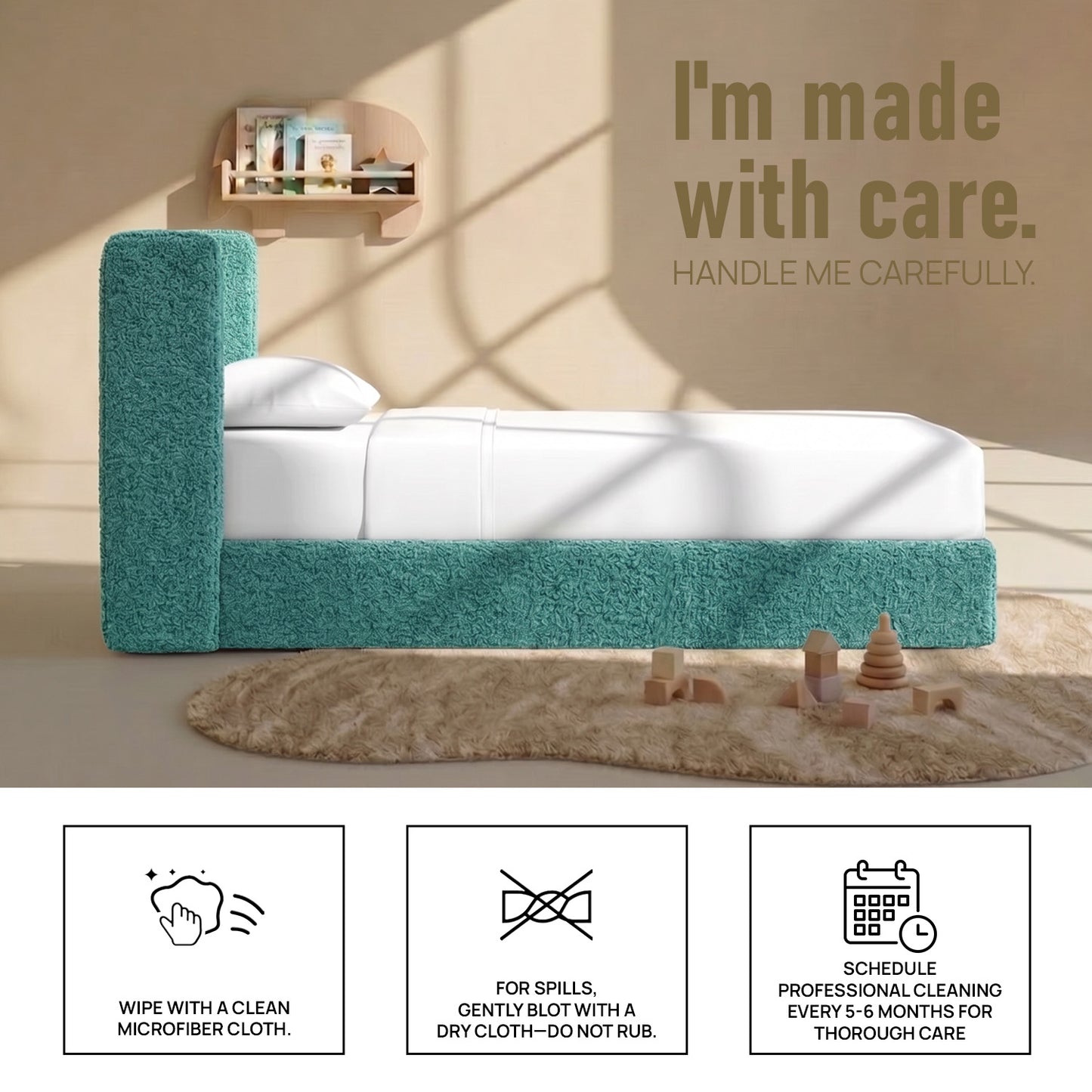 Tiny Haven Boucle Kids Twin Bed with Hydraulic Storage in Green