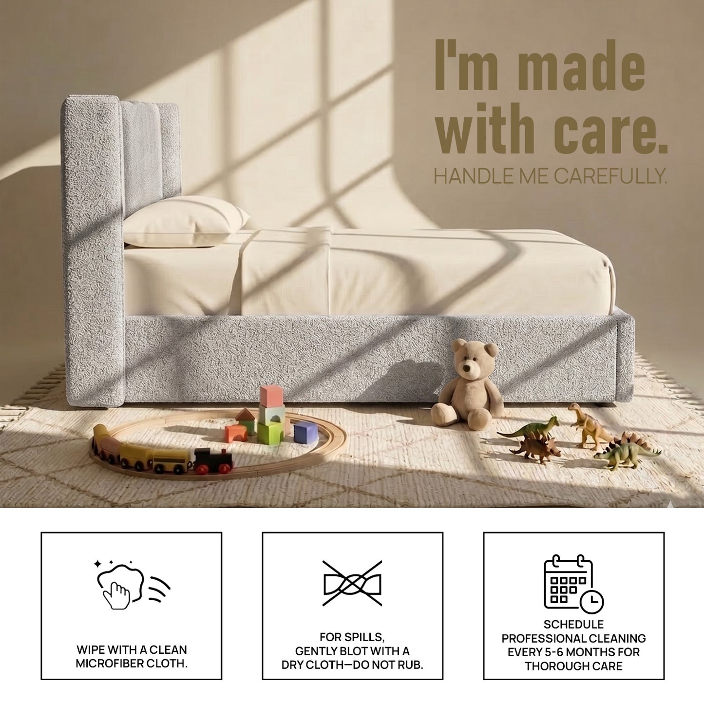 Tiny Haven Boucle Kids Twin Bed with Hydraulic Storage in Cream