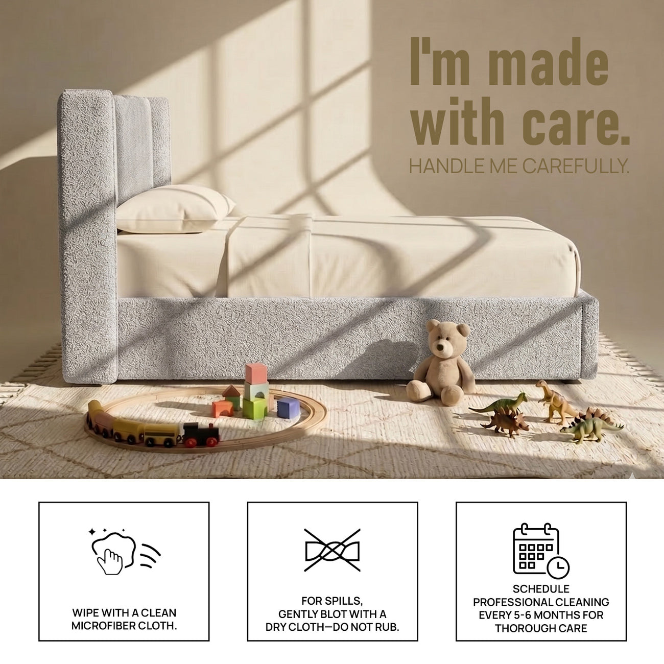 Tiny Haven Boucle Kids Twin Bed with Hydraulic Storage in Cream