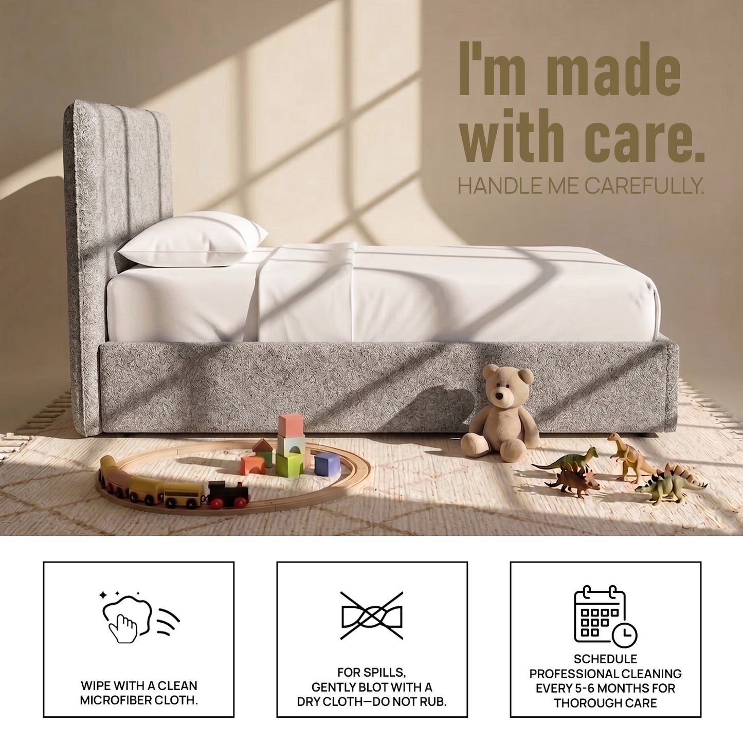 Block Design Boucle Kids Twin Bed with Hydraulic Storage in Cream