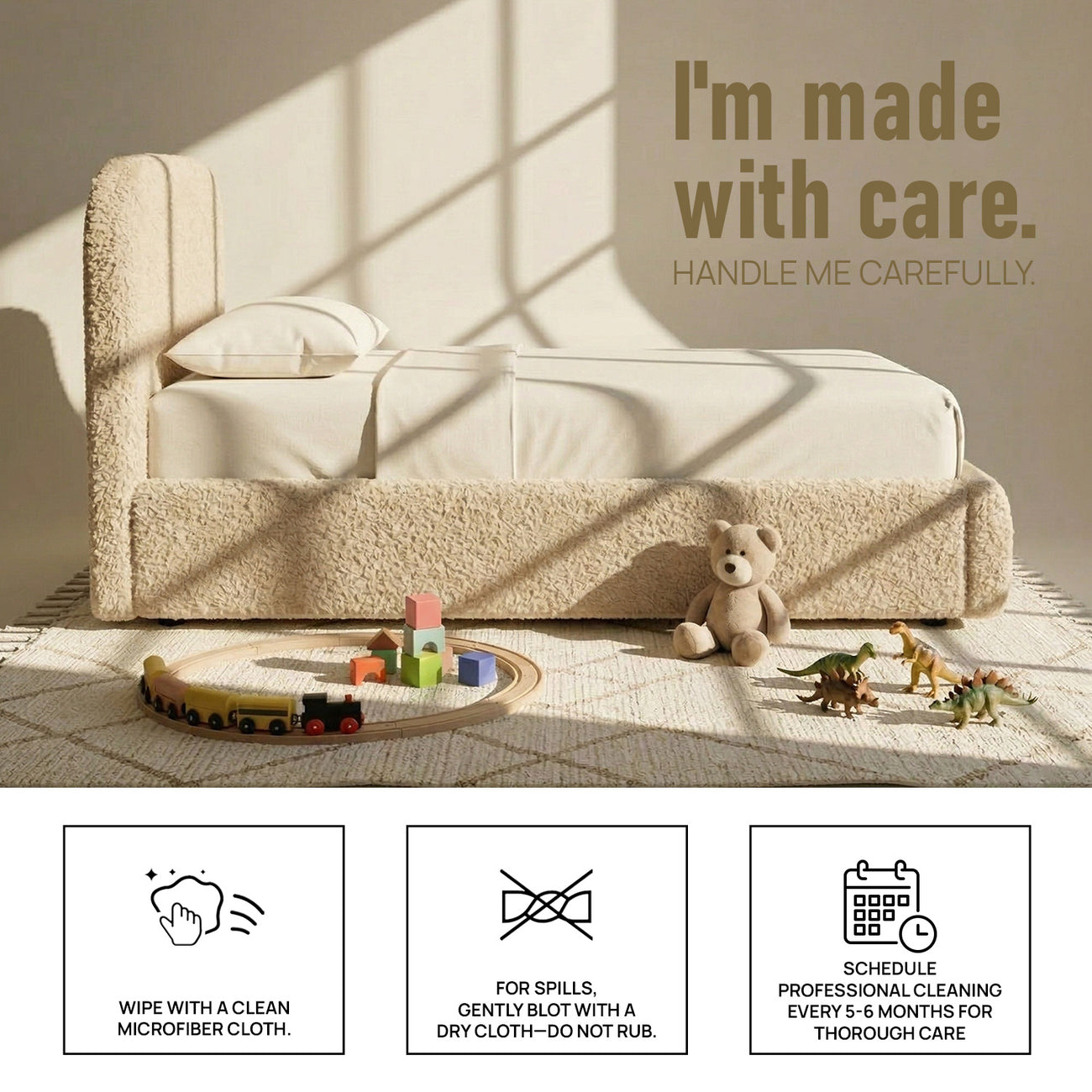Snuggle Boucle Kids Twin Bed with Hydraulic Storage in Cream