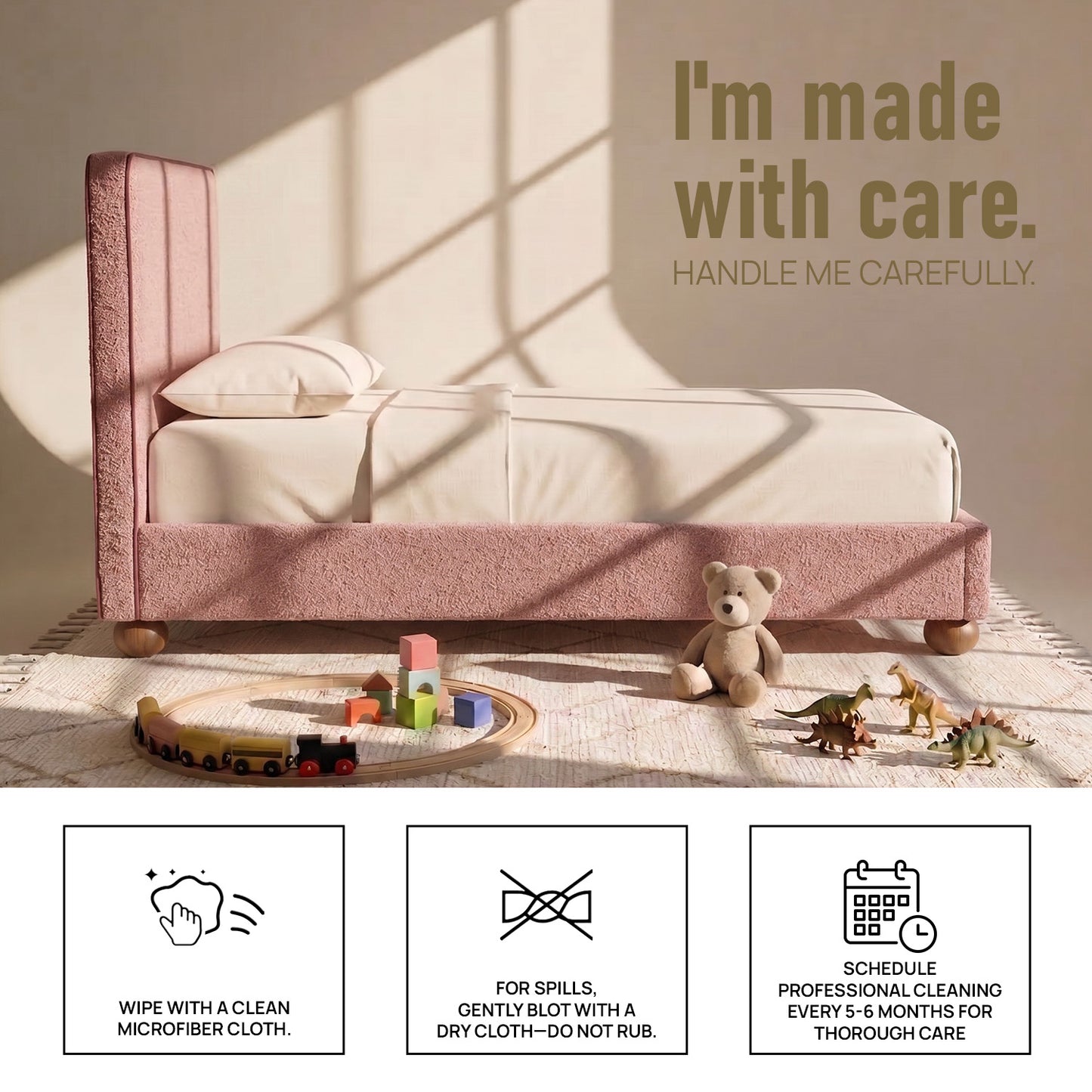 Peachy Dream Boucle Kids Twin Bed with Hydraulic Storage in Ivory