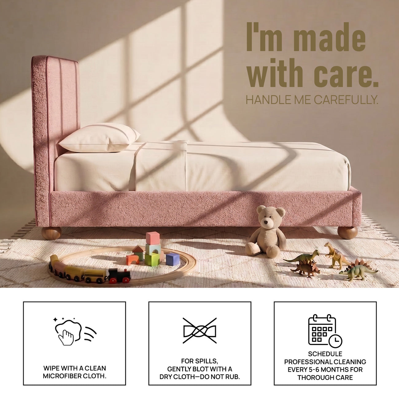 Peachy Dream Boucle Kids Twin Bed with Hydraulic Storage in Ivory
