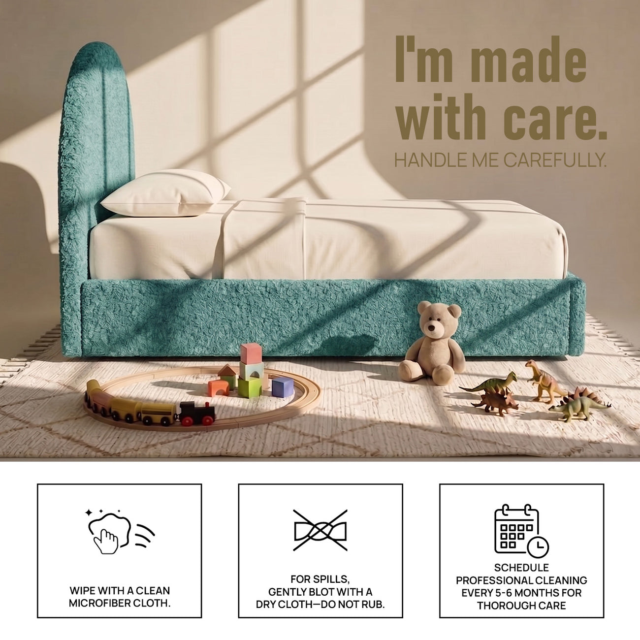 Moonrise Boucle Kids Twin Bed with Hydraulic Storage in Green