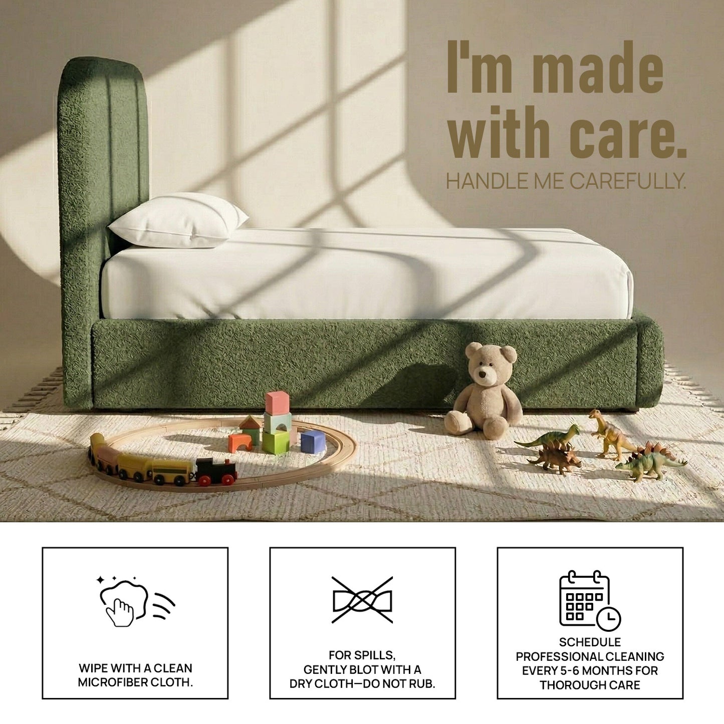 Snuggle Boucle Kids Twin Bed with Hydraulic Storage in olive