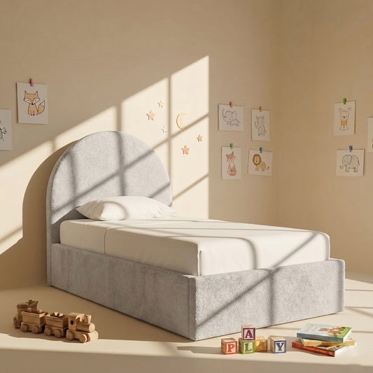 Moonrise Boucle Kids Twin Bed with Hydraulic Storage in Cream