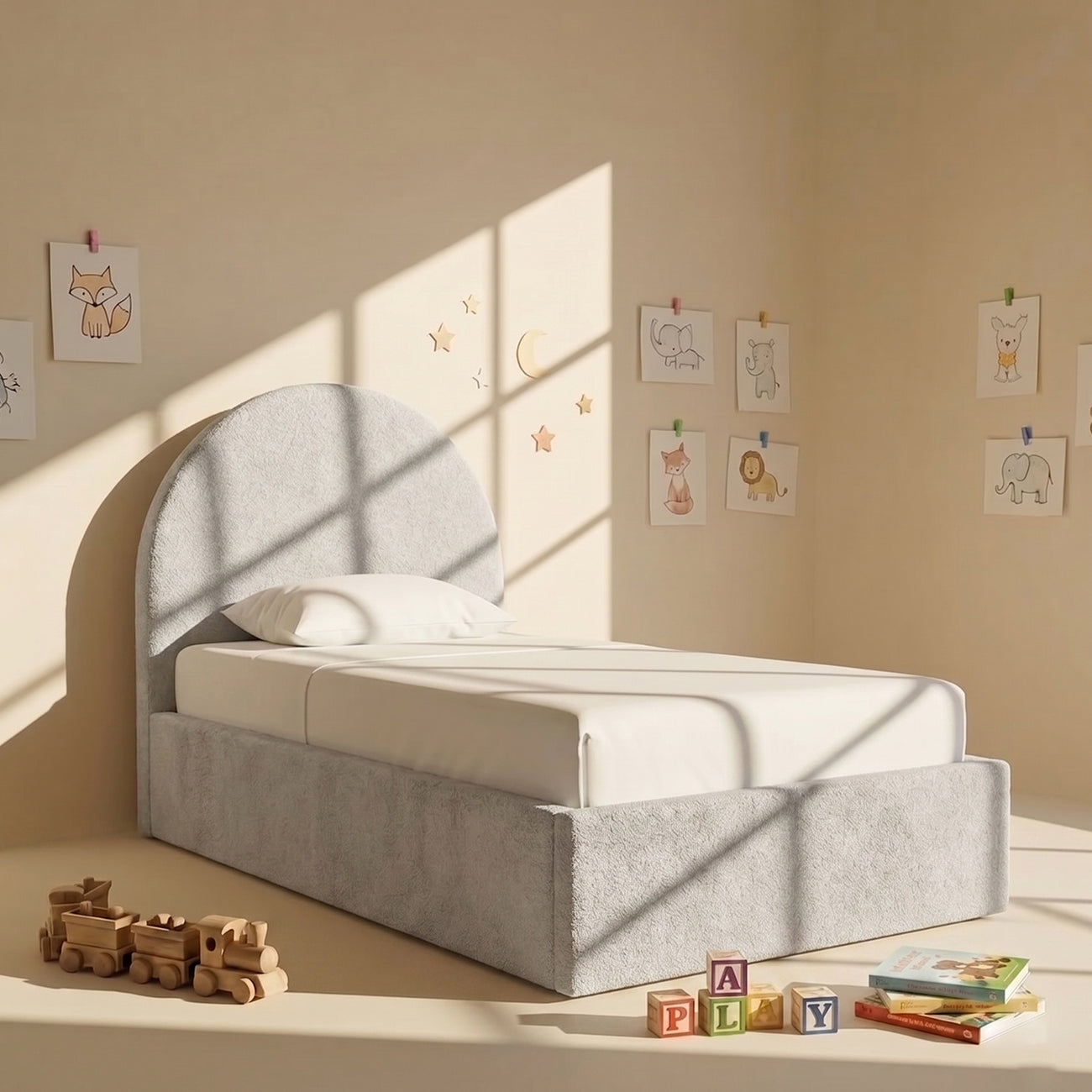 Moonrise Boucle Kids Twin Bed with Hydraulic Storage in Cream