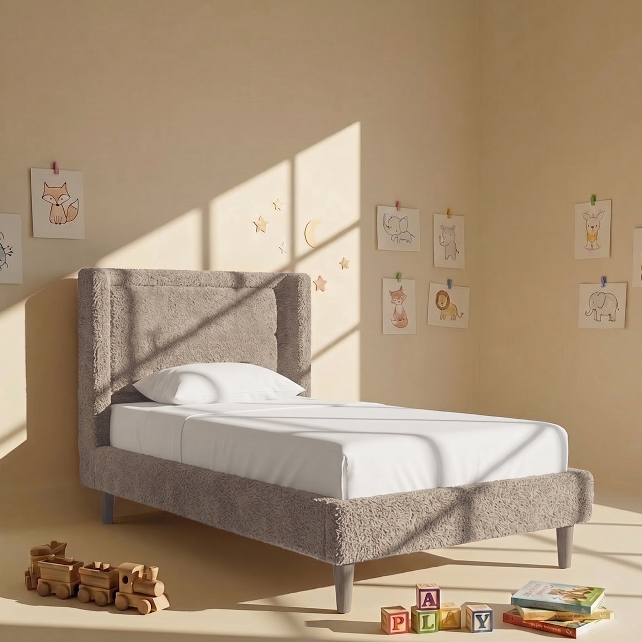 Misty Moon Boucle Kids Twin Bed with Hydraulic Storage in Light Grey