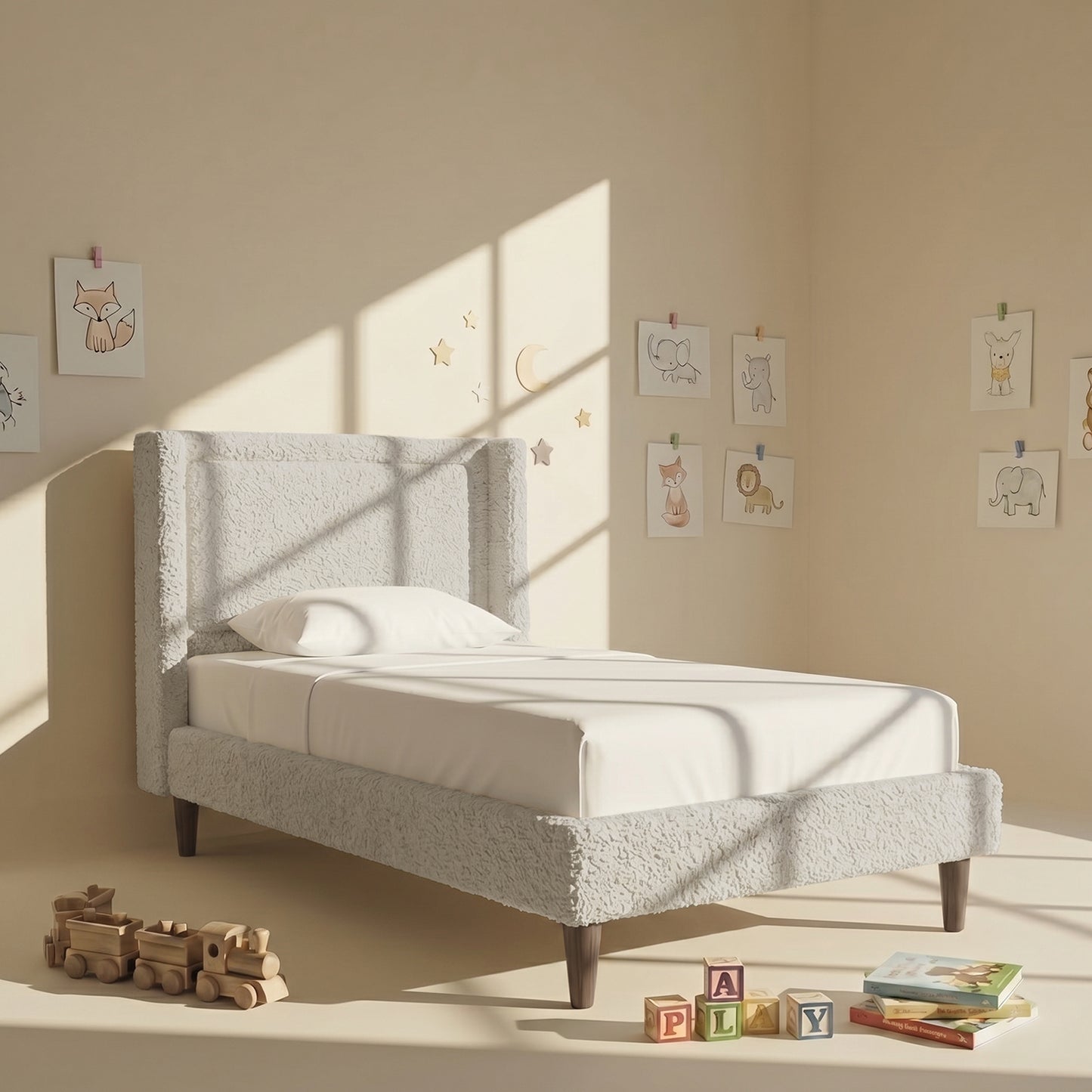 Misty Moon Boucle Kids Twin Bed with Hydraulic Storage in Cream