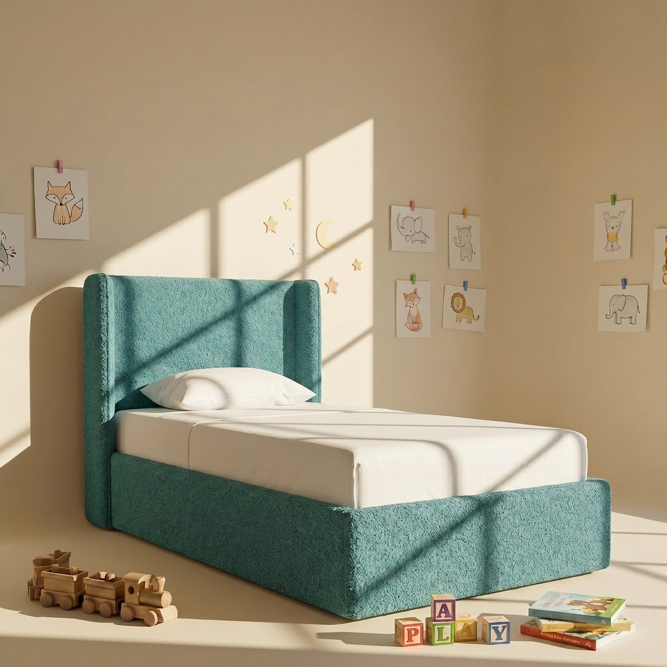 Tiny Haven Boucle Kids Twin Bed with Hydraulic Storage in Green
