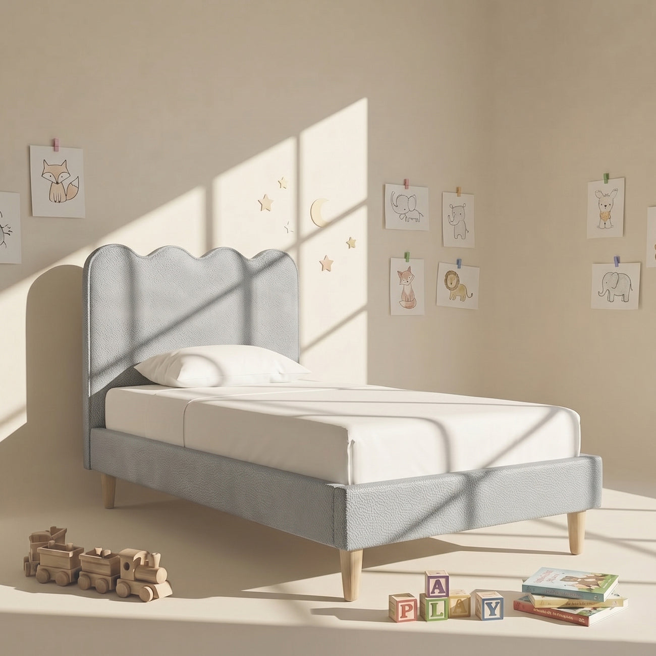 Little Palace Velvet Suede Kids Twin Bed with Hydraulic Storage in Ivory