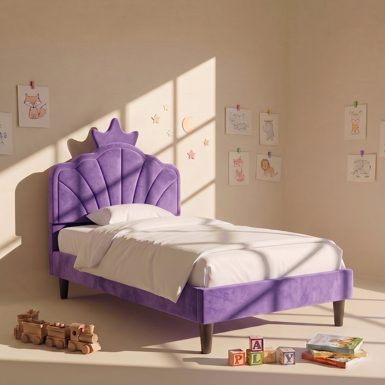 Princess Boucle Kids Twin Bed with Hydraulic Storage in Cream