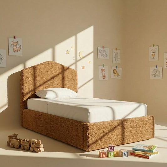 Caramel Arch Boucle Kids Twin Bed with Hydraulic Storage in Brown