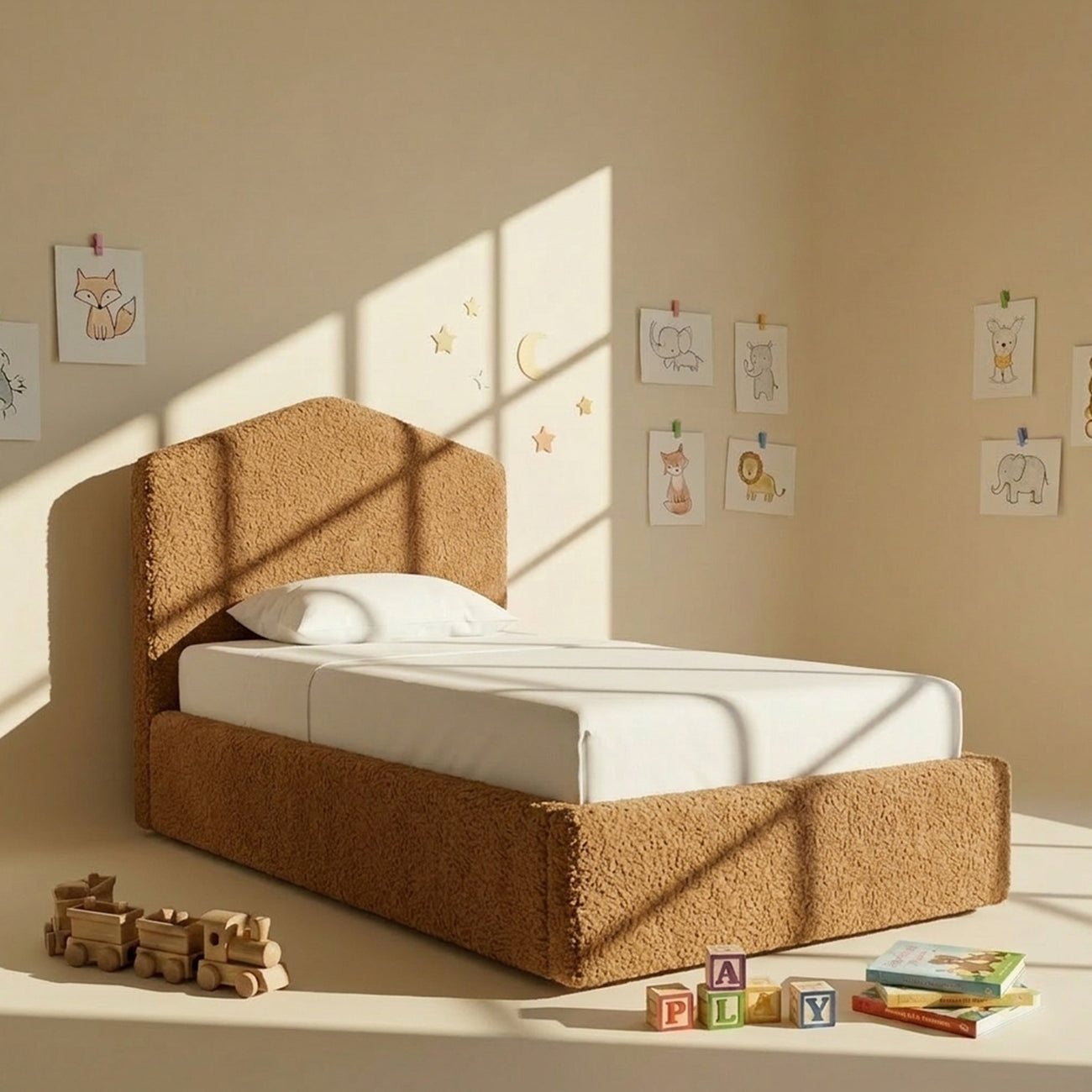 Caramel Arch Boucle Kids Twin Bed with Hydraulic Storage in Brown