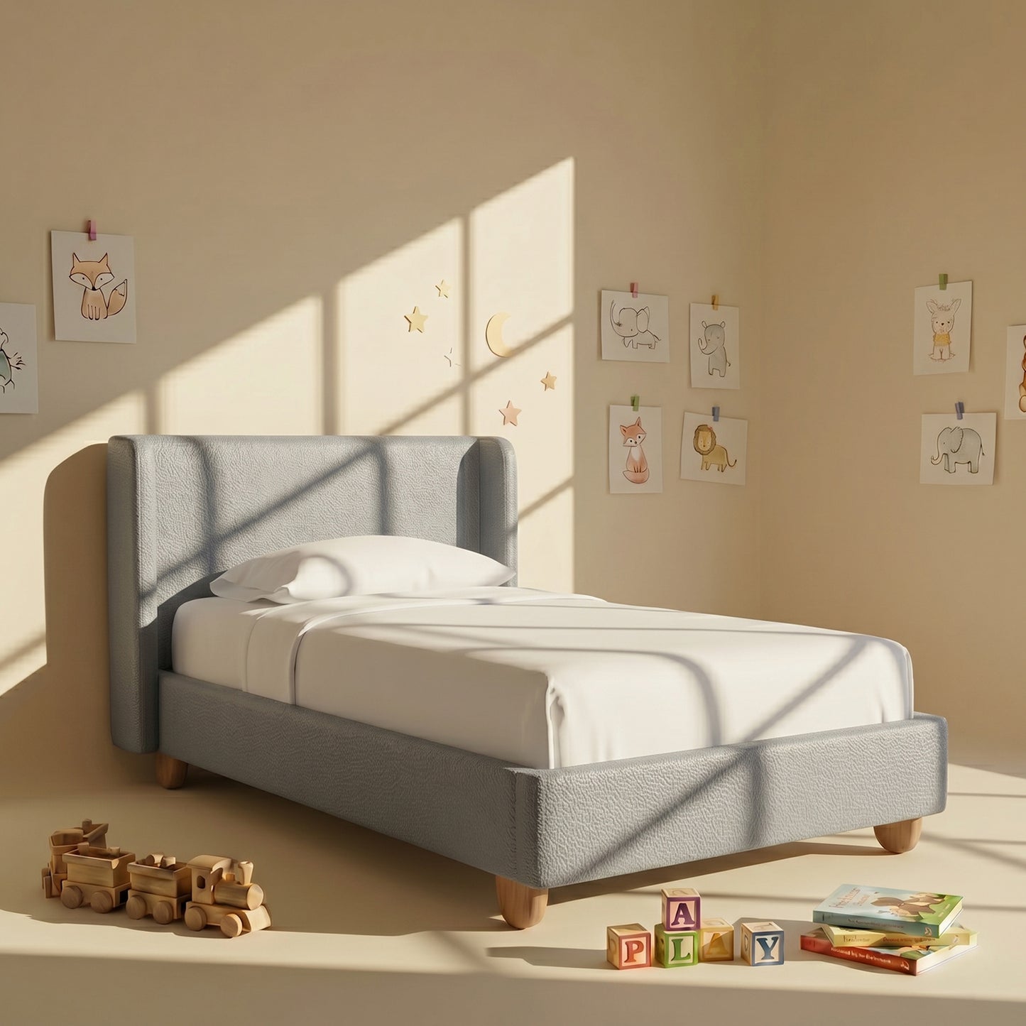 Caramel Arch Velvet Suede Kids Twin Bed with Hydraulic Storage in Ivory