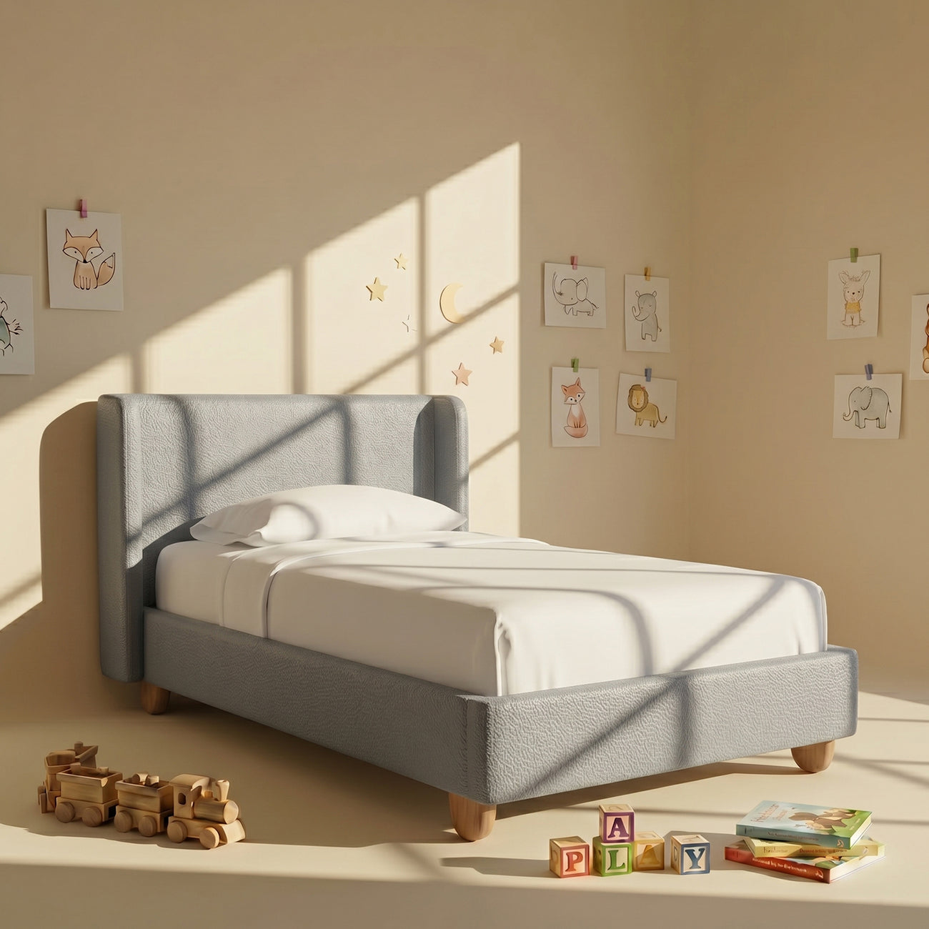 Caramel Arch Velvet Suede Kids Twin Bed with Hydraulic Storage in Ivory