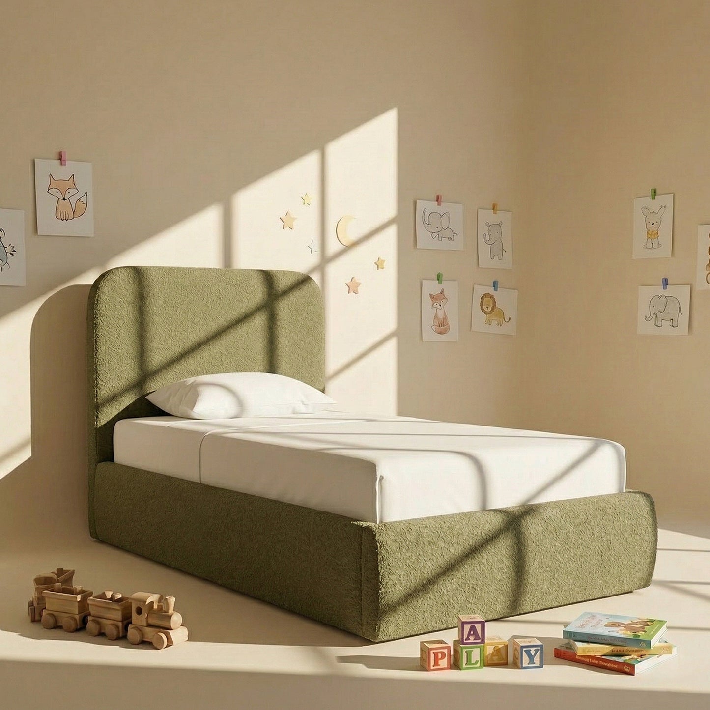 Snuggle Boucle Kids Twin Bed with Hydraulic Storage in olive