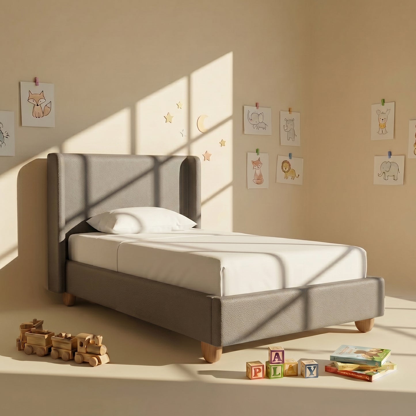 Caramel Arch Velvet Suede Kids Twin Bed with Hydraulic Storage in Grey