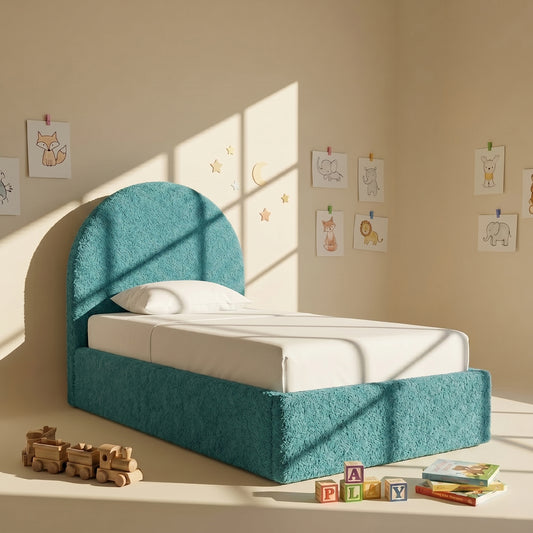 Moonrise Boucle Kids Twin Bed with Hydraulic Storage in Green