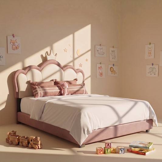 Cloud Crown Leatherette Kids Twin Bed with Hydraulic Storage in Pink and White