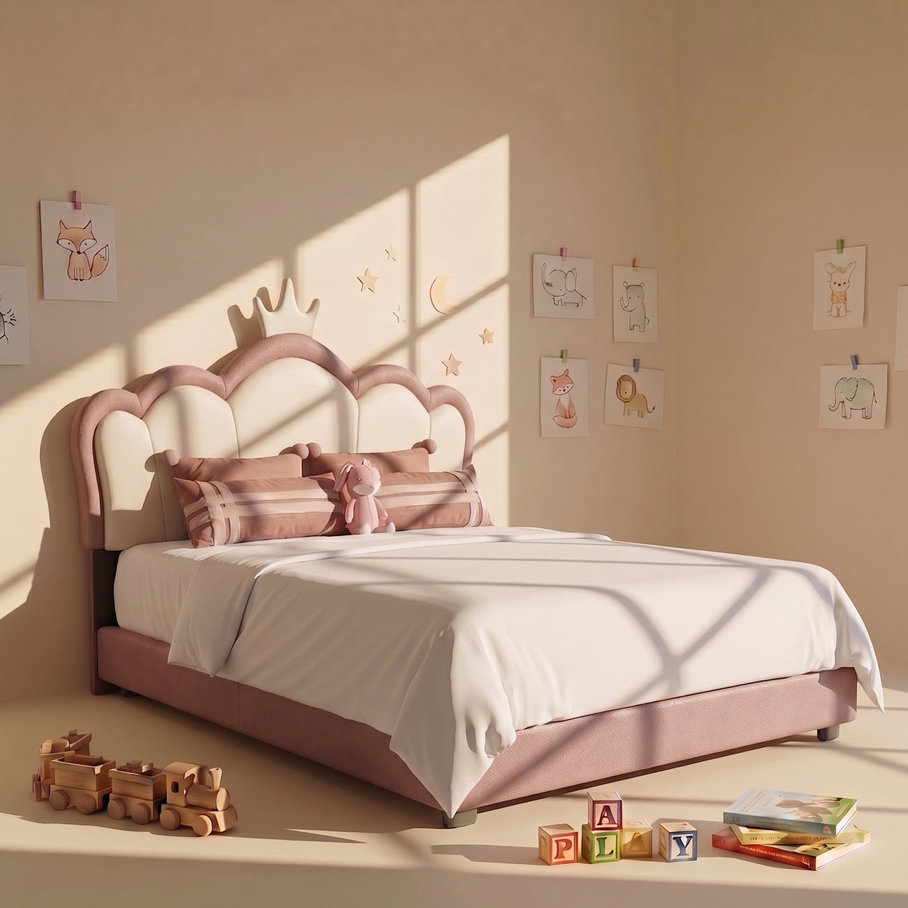 Cloud Crown Leatherette Kids Twin Bed with Hydraulic Storage in Pink and White