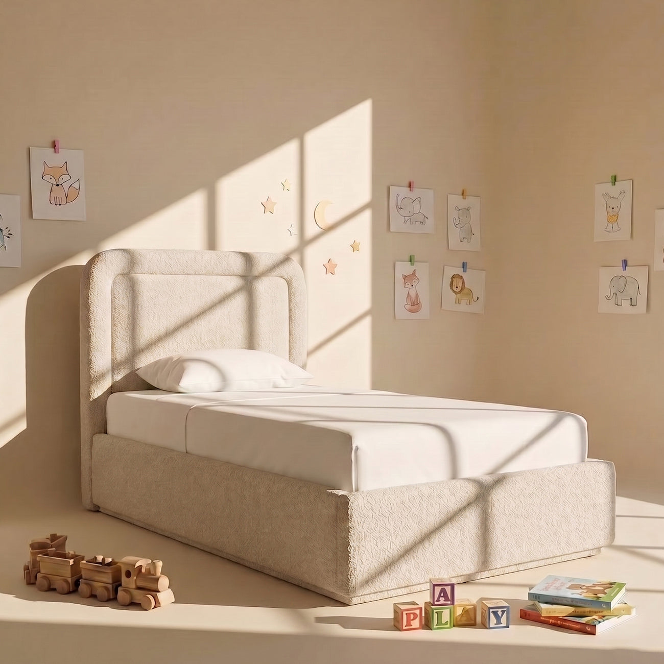 Marshmallow Boucle Kids Twin Bed with Hydraulic Storage in Cream