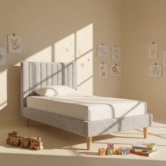 Royal Lines Boucle Kids Twin Bed with Hydraulic Storage in Cream
