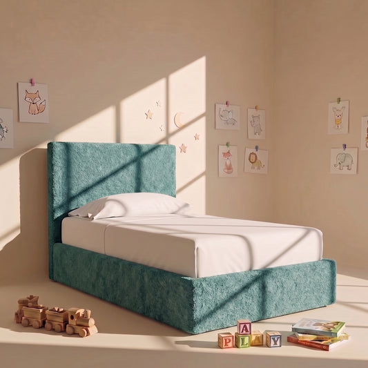 Block Design Boucle Kids Twin Bed with Hydraulic Storage in Green