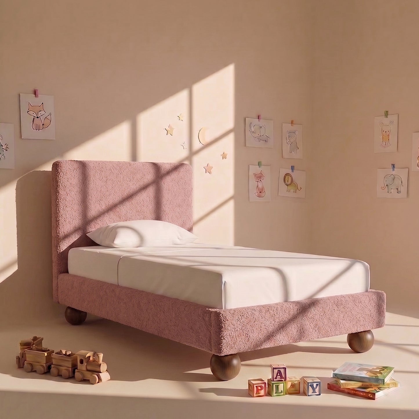 Peachy Dream Boucle Kids Twin Bed with Hydraulic Storage in Ivory