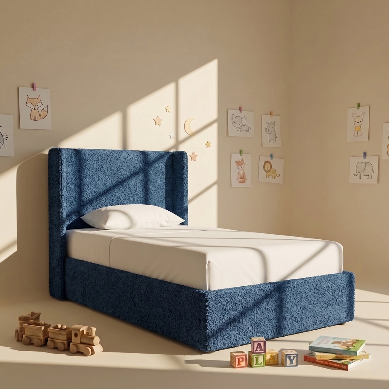 Tiny Haven Boucle Kids Twin Bed with Hydraulic Storage in Denim Blue