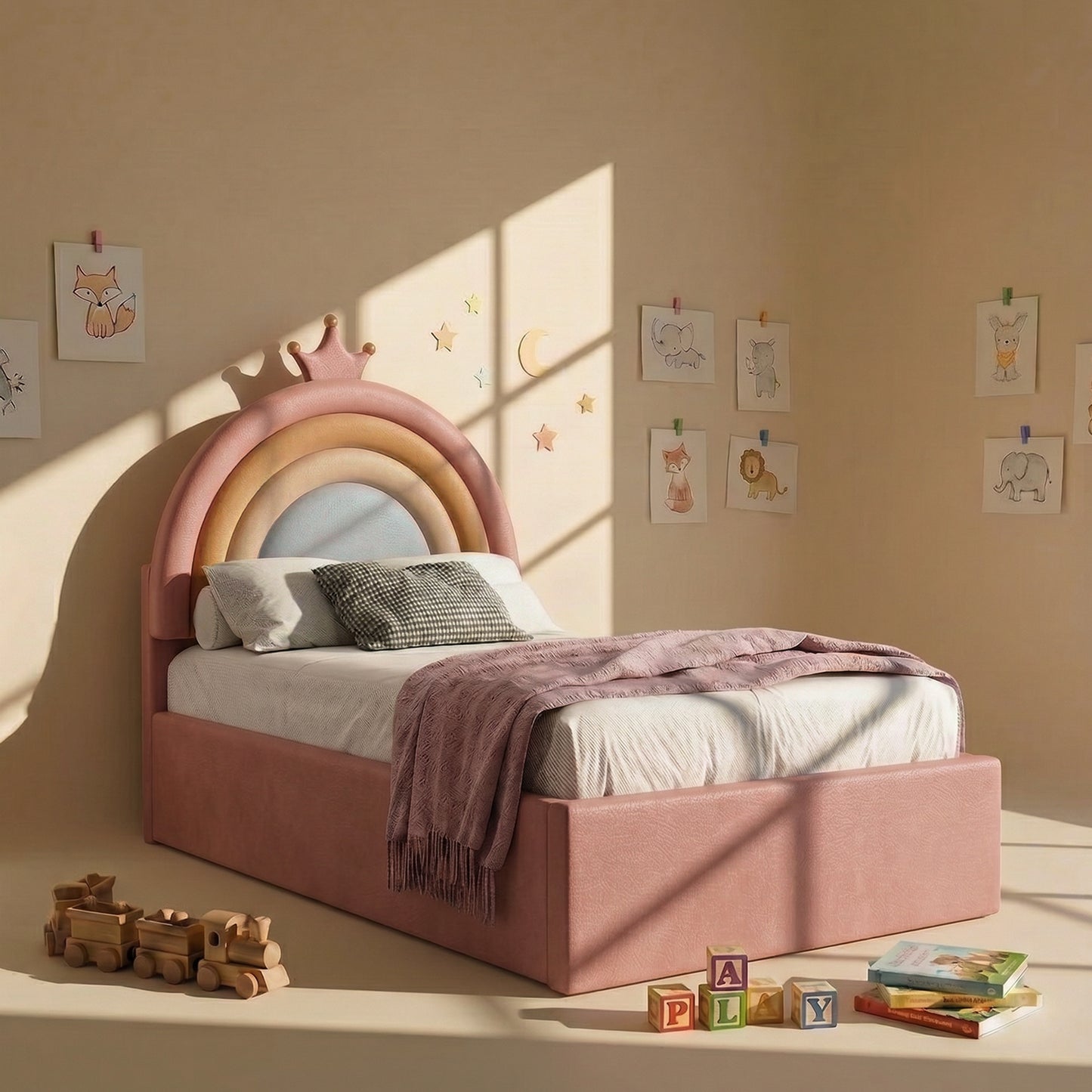Rainbow Leatherette Kids Twin Bed with Hydraulic Storage in Pink Color