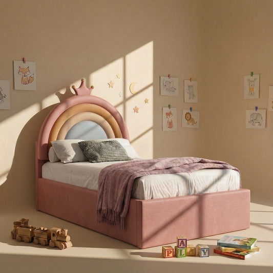 Rainbow Leatherette Kids Twin Bed with Hydraulic Storage in Pink Color
