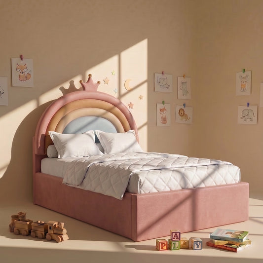 Rainbow Leatherette Kids Twin Bed with Hydraulic Storage in Pink
