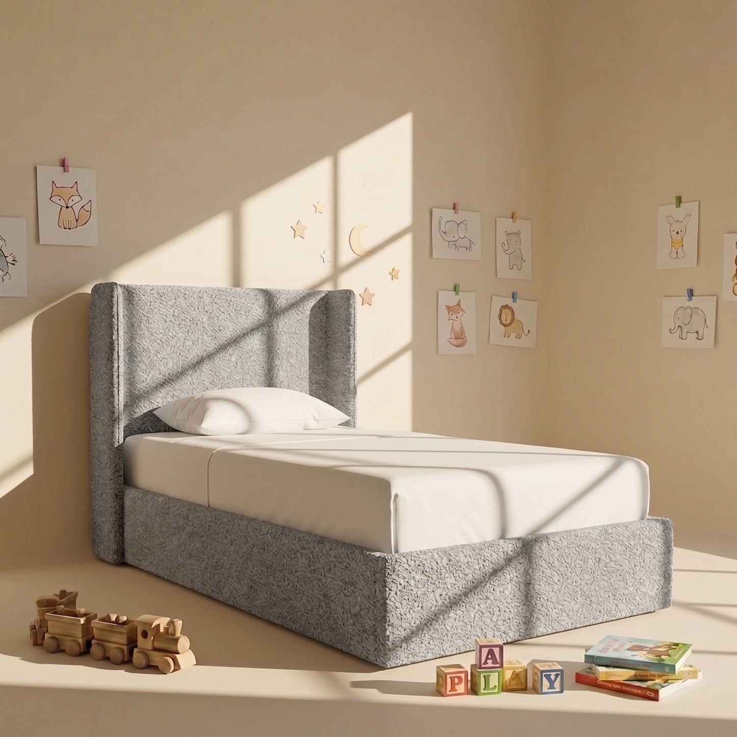 Tiny Haven Boucle Kids Twin Bed with Hydraulic Storage in Cream