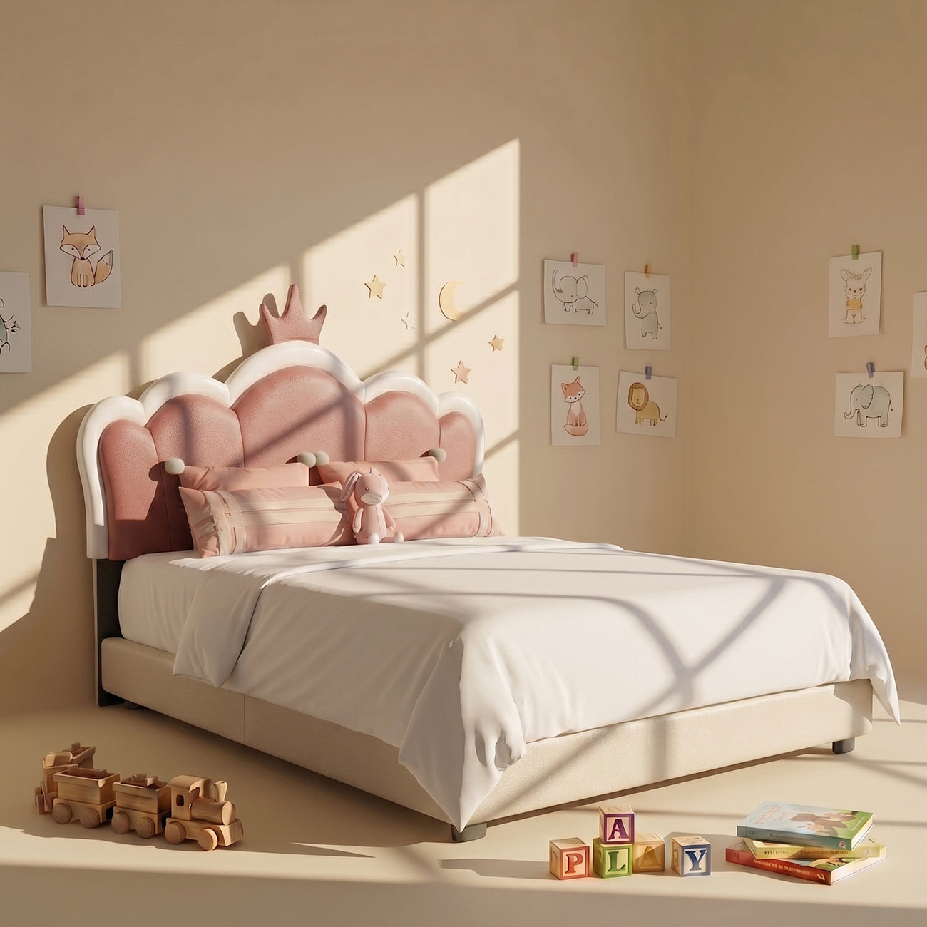 Dreamy Palace  Leatherette Kids Twin Bed with Hydraulic Storage in Pink and White