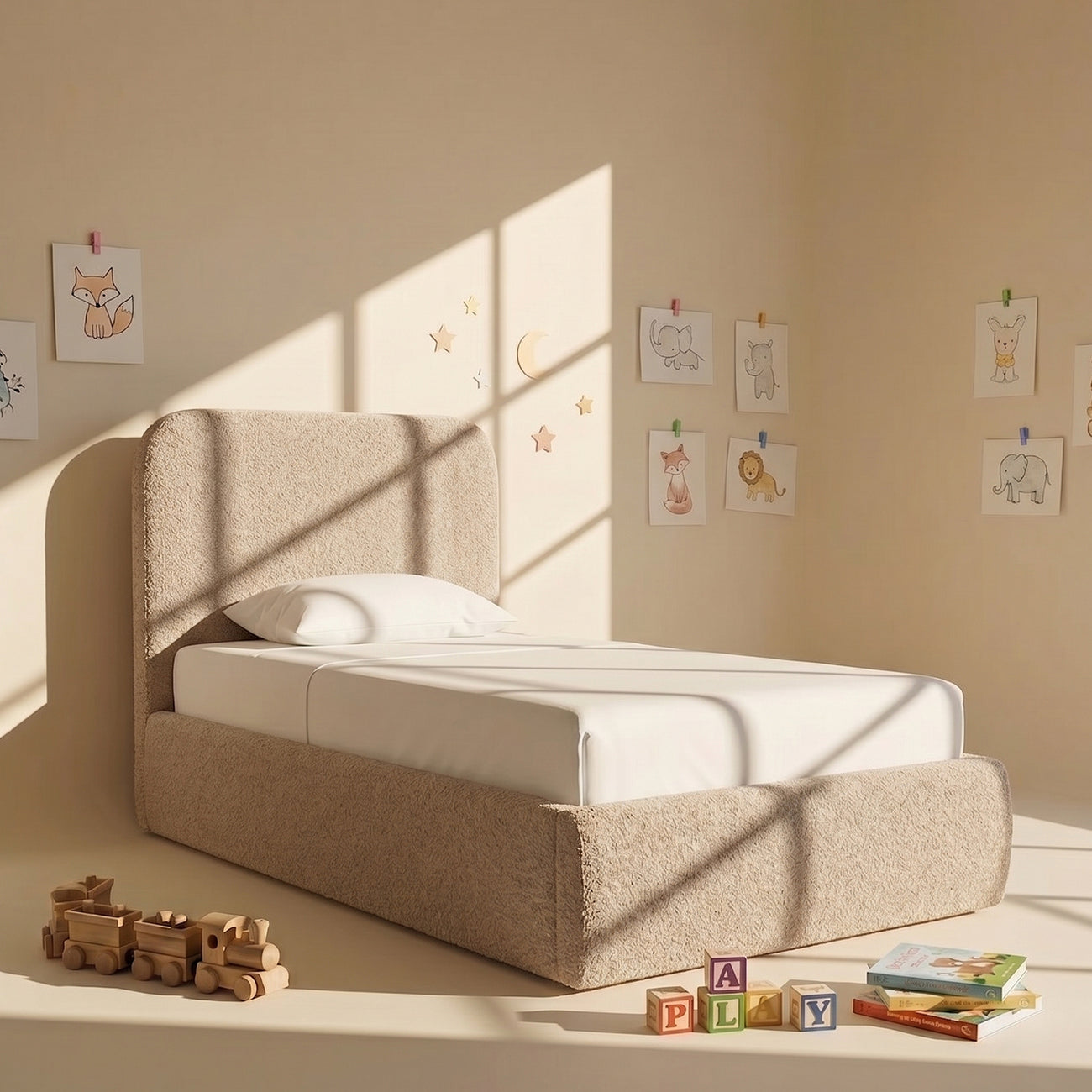 Snuggle Boucle Kids Twin Bed with Hydraulic Storage in Beige