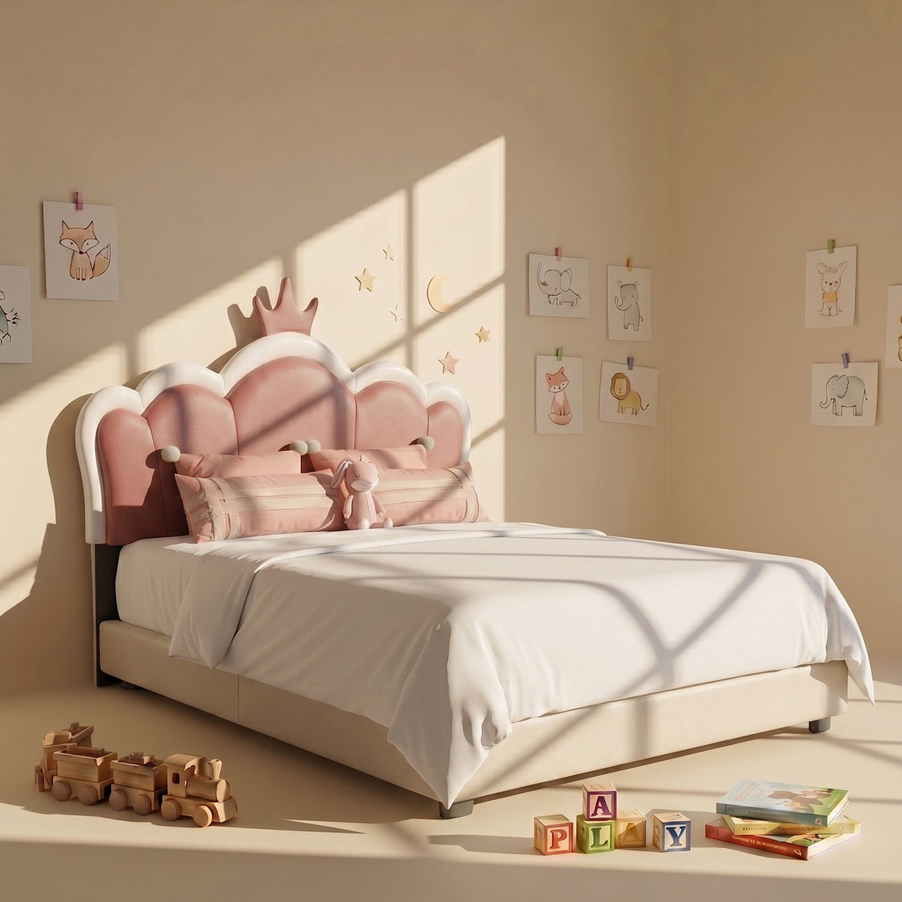 Dreamy Palace  Leatherette Kids Twin Bed with Hydraulic Storage in White and Pink