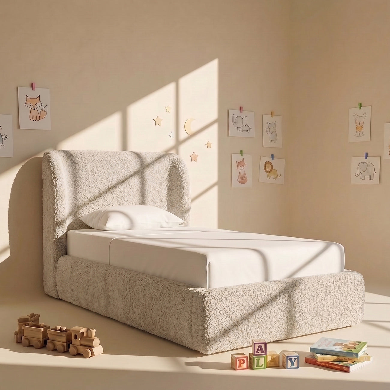 Baby Breeze Boucle Kids Twin Bed with Hydraulic Storage in Cream