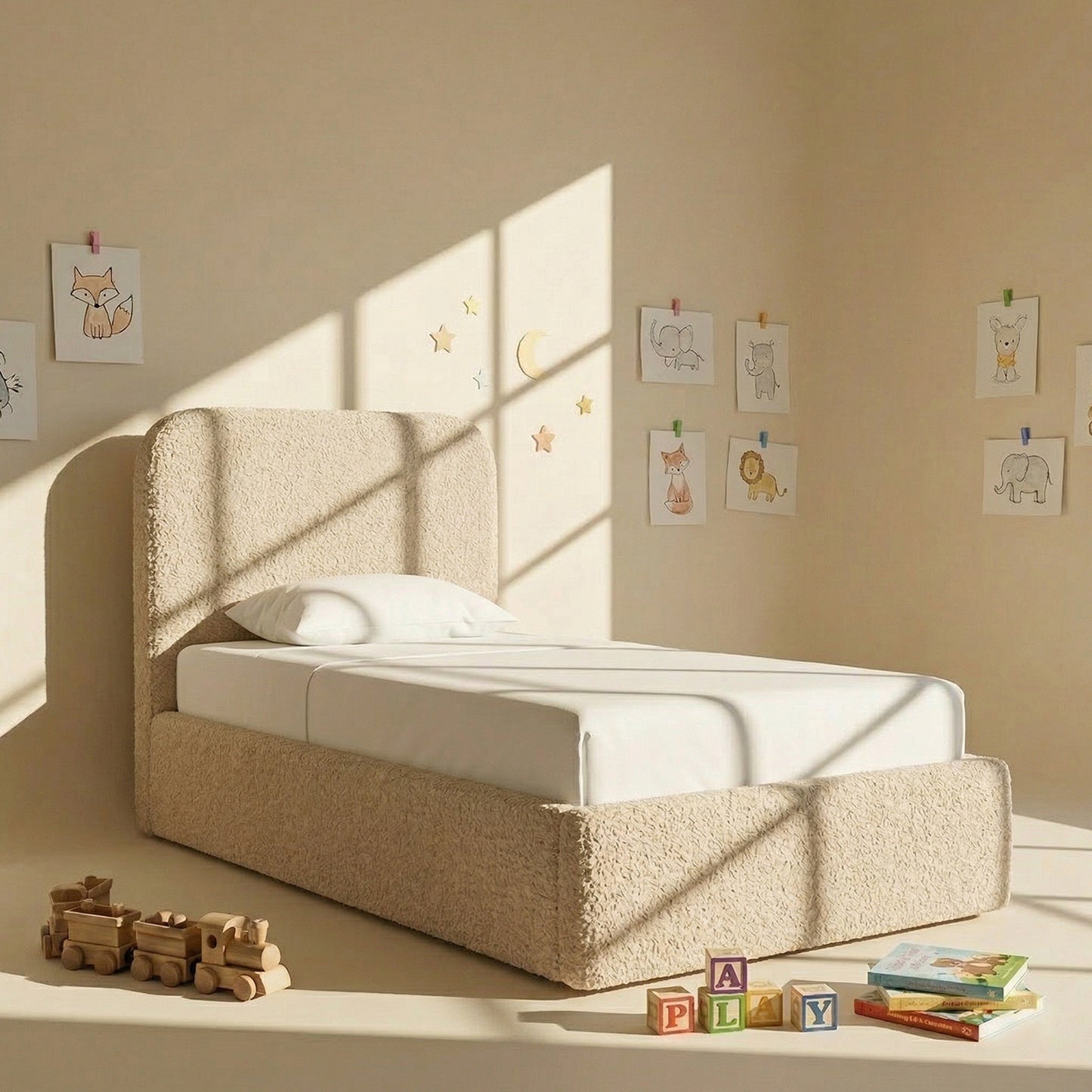 Snuggle Boucle Kids Twin Bed with Hydraulic Storage in Cream