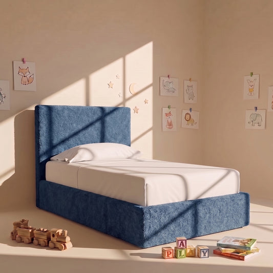 Block Design Boucle Kids Twin Bed with Hydraulic Storage in Denim Blue