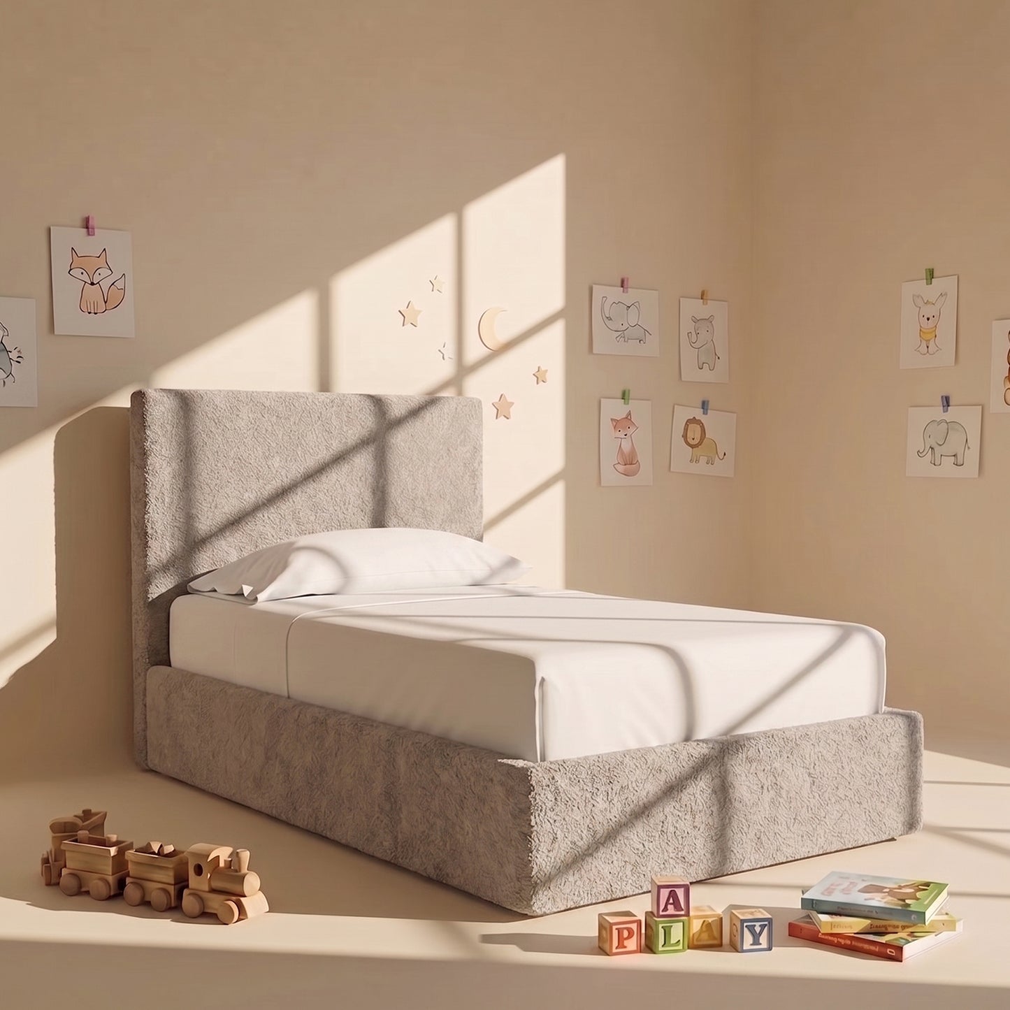 Block Design Boucle Kids Twin Bed with Hydraulic Storage in Cream