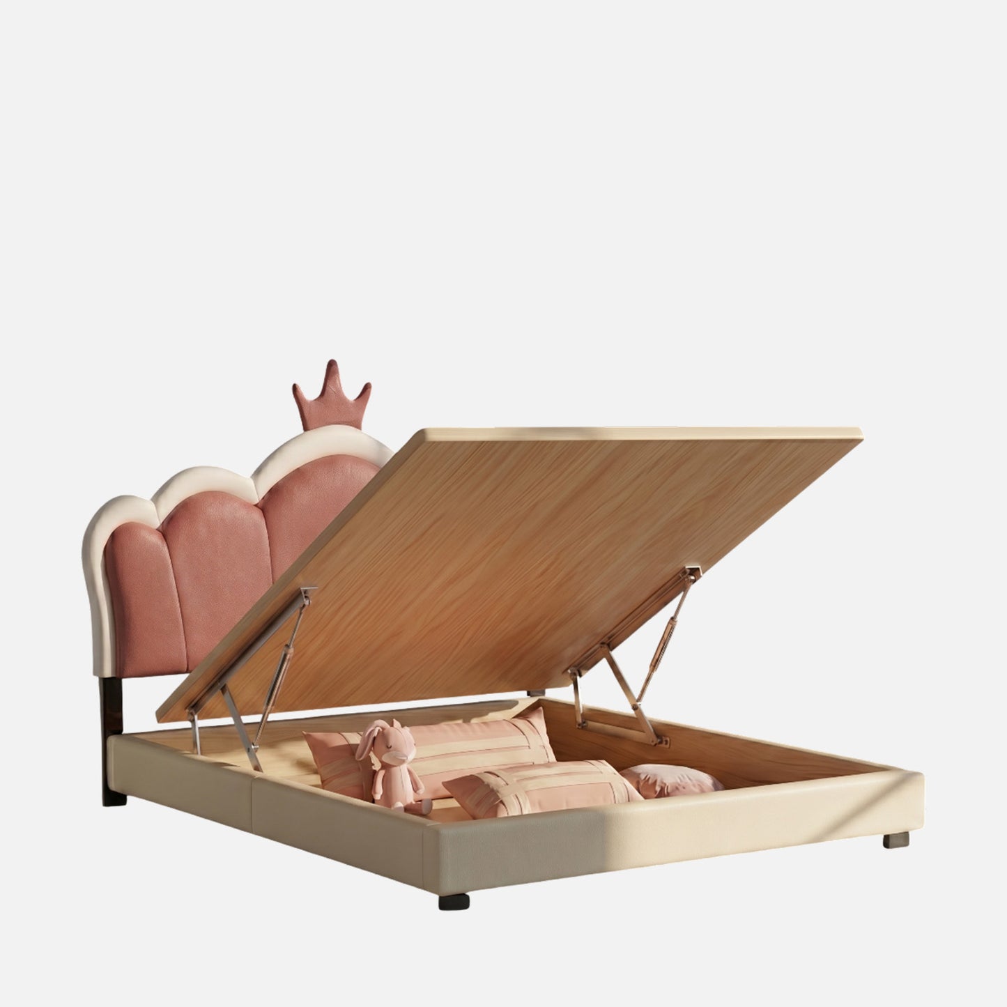 Dreamy Palace  Leatherette Kids Twin Bed with Hydraulic Storage in White and Pink