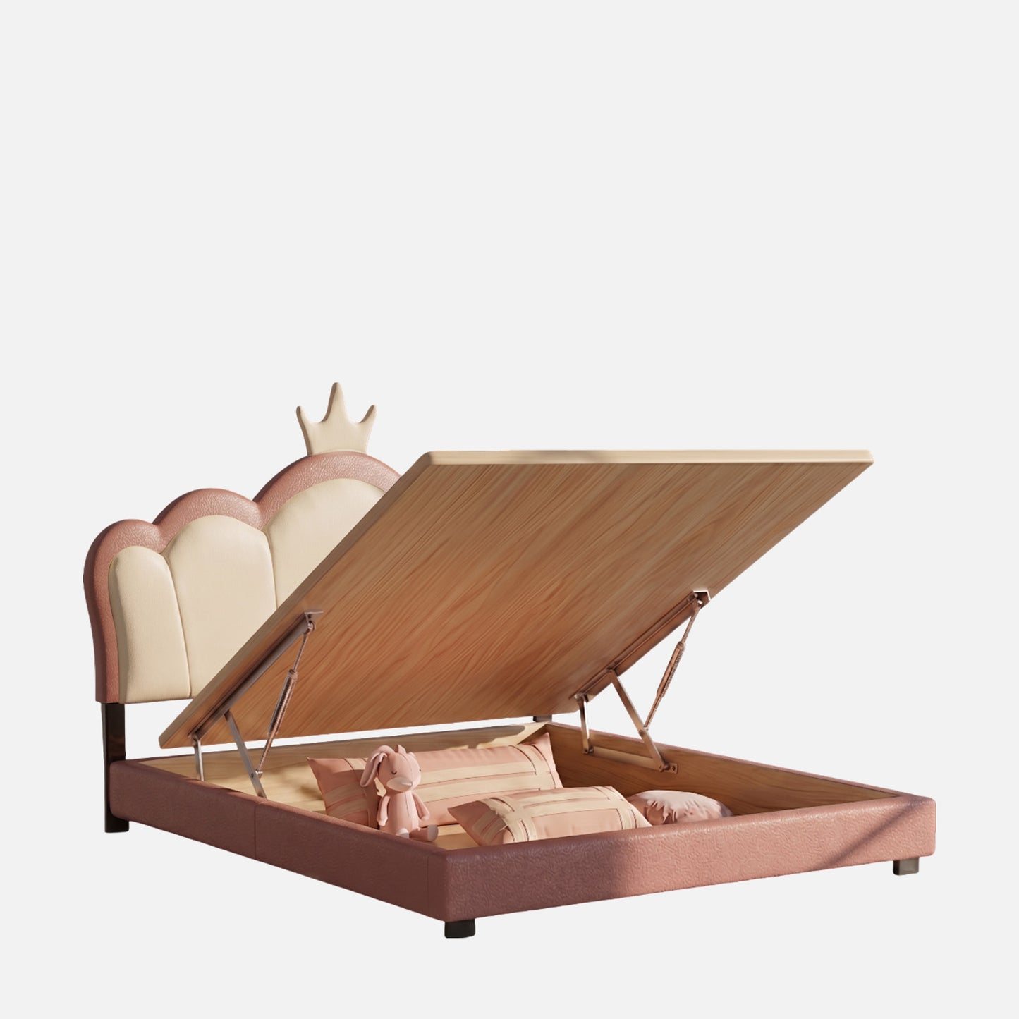 Cloud Crown Leatherette Kids Twin Bed with Hydraulic Storage in Pink and White